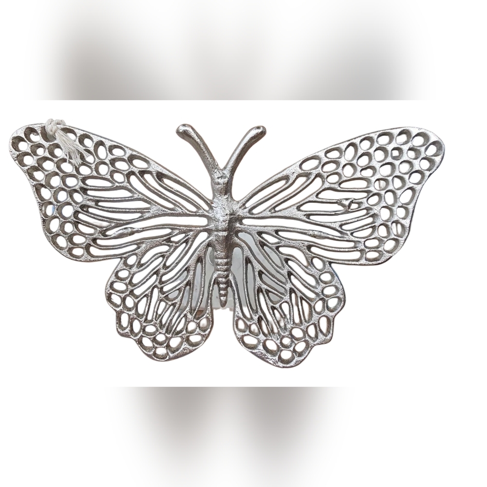 Beautiful Butterfly Decor Silver Metal Sculpture on Marble Stand 7"x11"x5"Tall - Picture 2 of 12